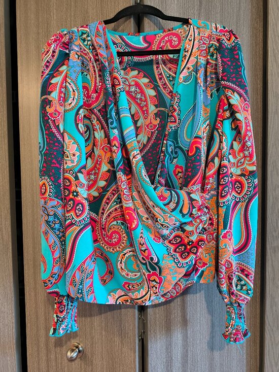 SHEIN Tops - SHEIN Multi Color Blue Pink Boho Chic V-Neck Blouse Top Vacation Party Festival